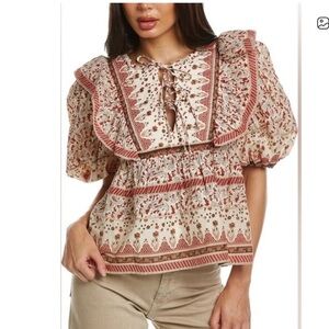 NWT Calypso St. Barth Red Puff Sleeve Quilted Boho Ruffle Top size Large